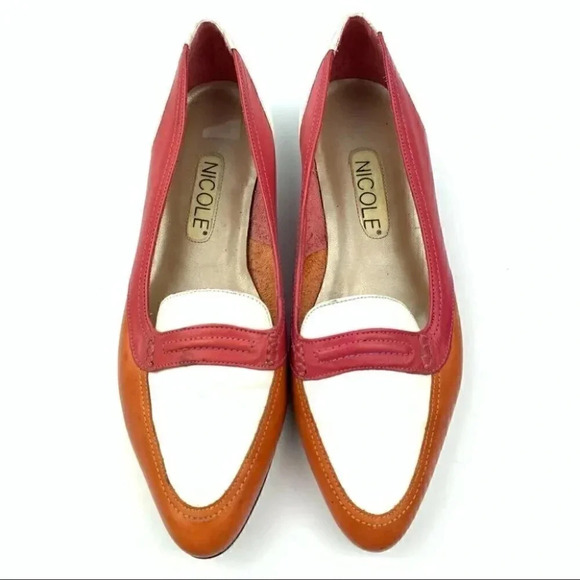 Nicole flats 6.5 orange pink white penny loafers vintage 80s 90s bright academia